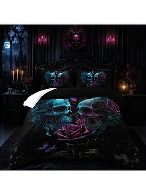Gothic Skull Bedding Set Queen Size, Comforter & Quilt with Roses for Halloween